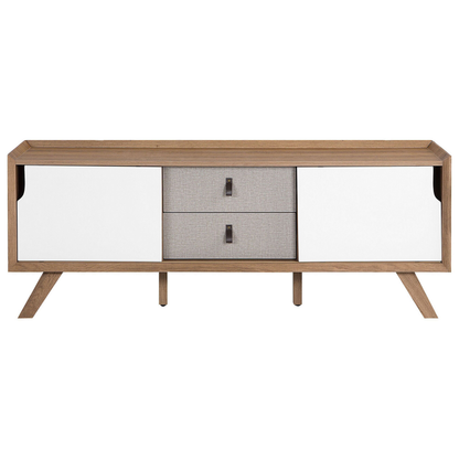 Sideboard Light Brown Veneer 56 by 147 by 42cm With 2 White Sliding Doors and 2 Grey Drawers