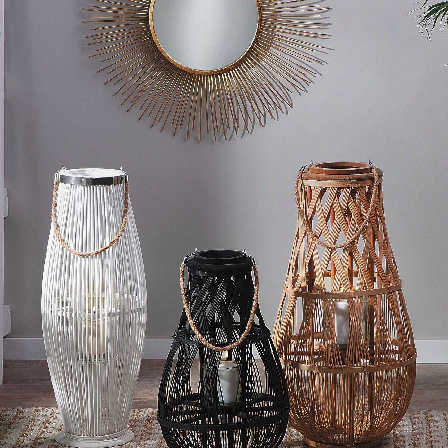 Lantern Black Bamboo Wood And Glass 56cm Indoor Outdoor