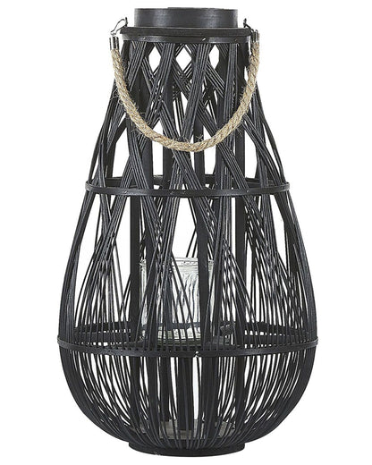 Lantern Black Bamboo Wood And Glass 56cm Indoor Outdoor
