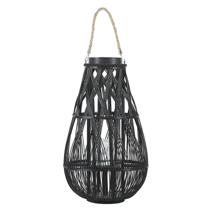 Lantern Black Bamboo Wood And Glass 56cm Indoor Outdoor