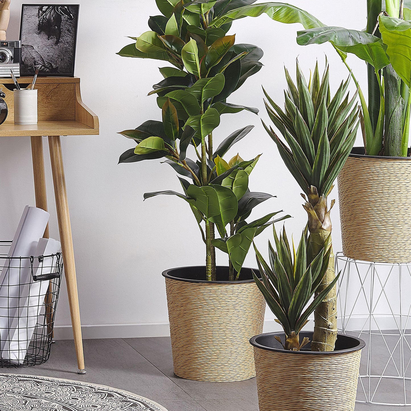 Aloe Vera Faux Plant 90cm Green and Black Boho Planter
