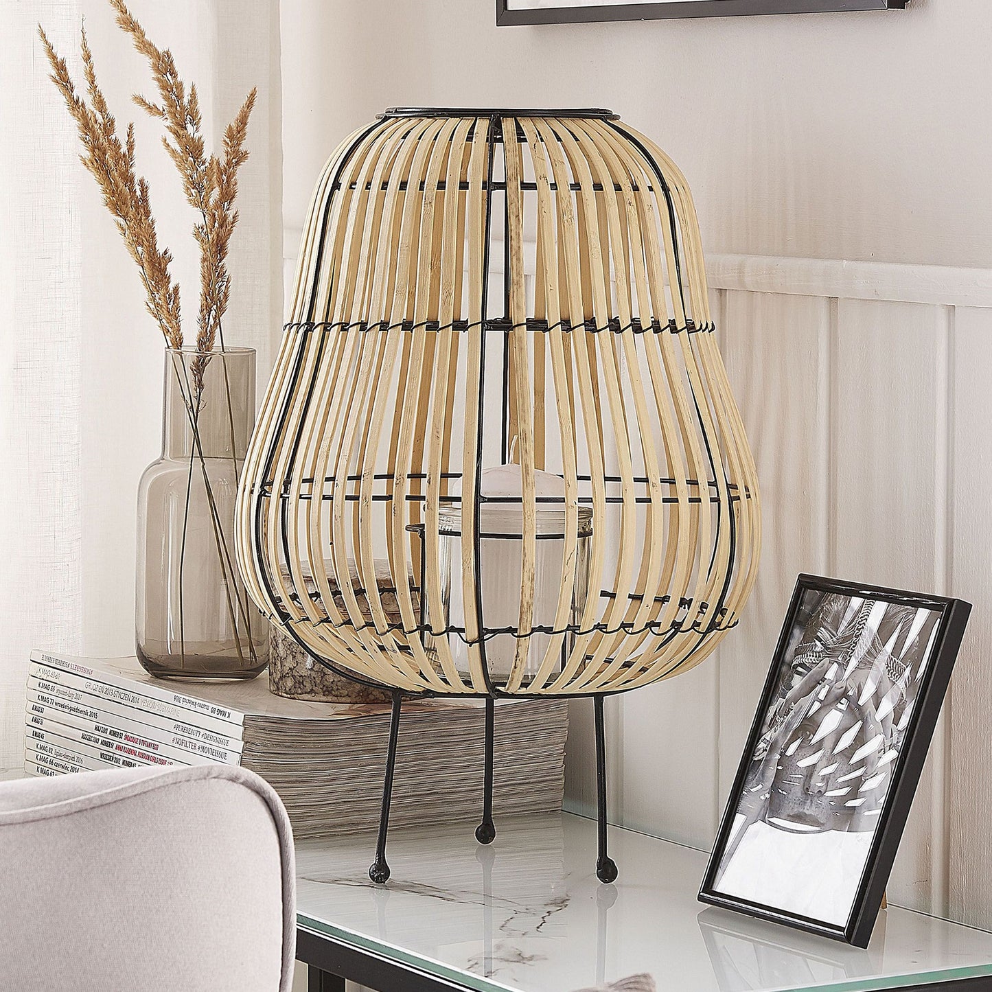 Lantern 44cm Light Brown Wood Candle Holder Standing Decoration For Boho Living Room