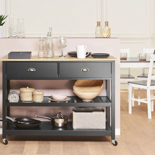 Nordic Home Trolley Black Light Wood Top 2 Shelves 2 Drawers