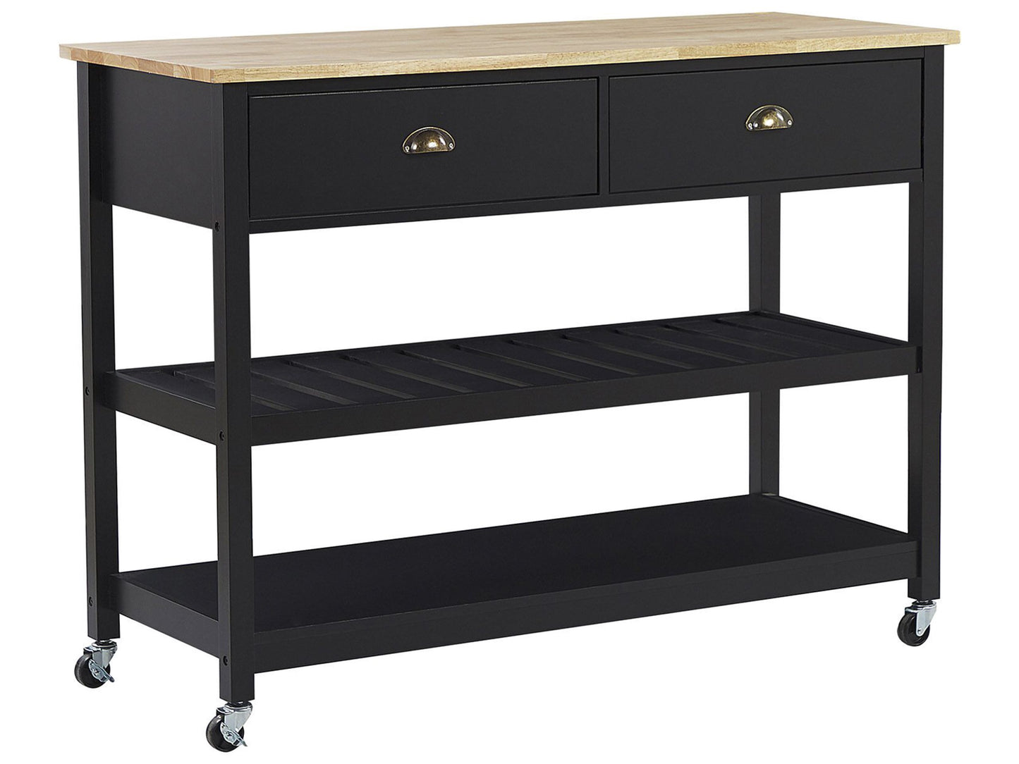 Nordic Home Trolley Black Light Wood Top 2 Shelves 2 Drawers