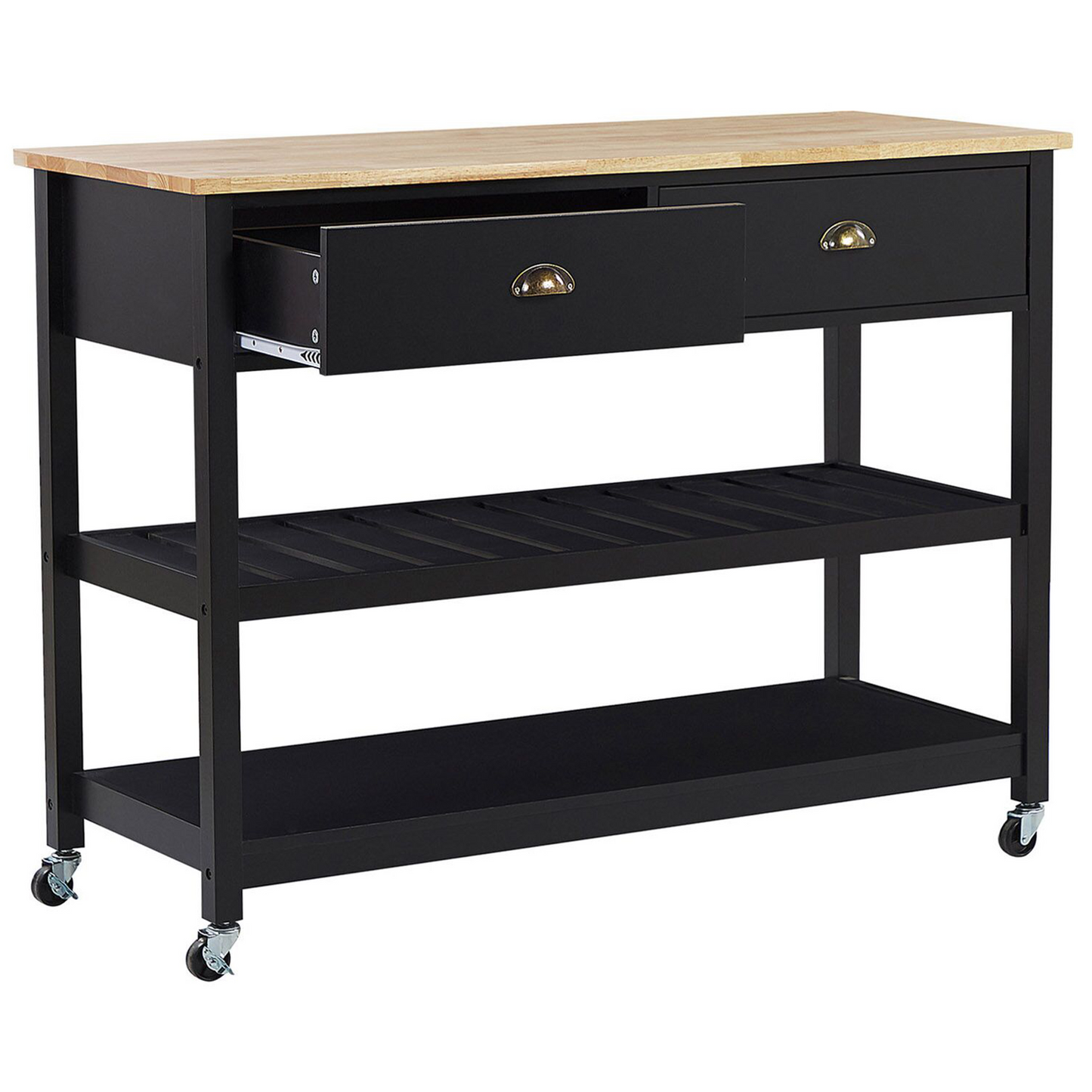 Nordic Home Trolley Black Light Wood Top 2 Shelves 2 Drawers