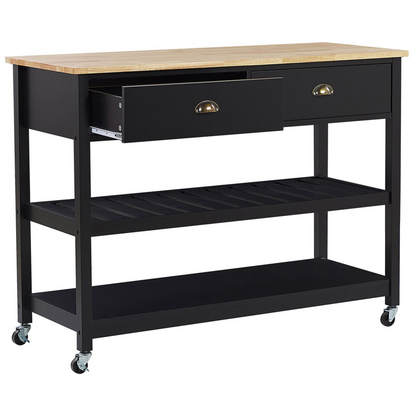 Nordic Home Trolley Black Light Wood Top 2 Shelves 2 Drawers