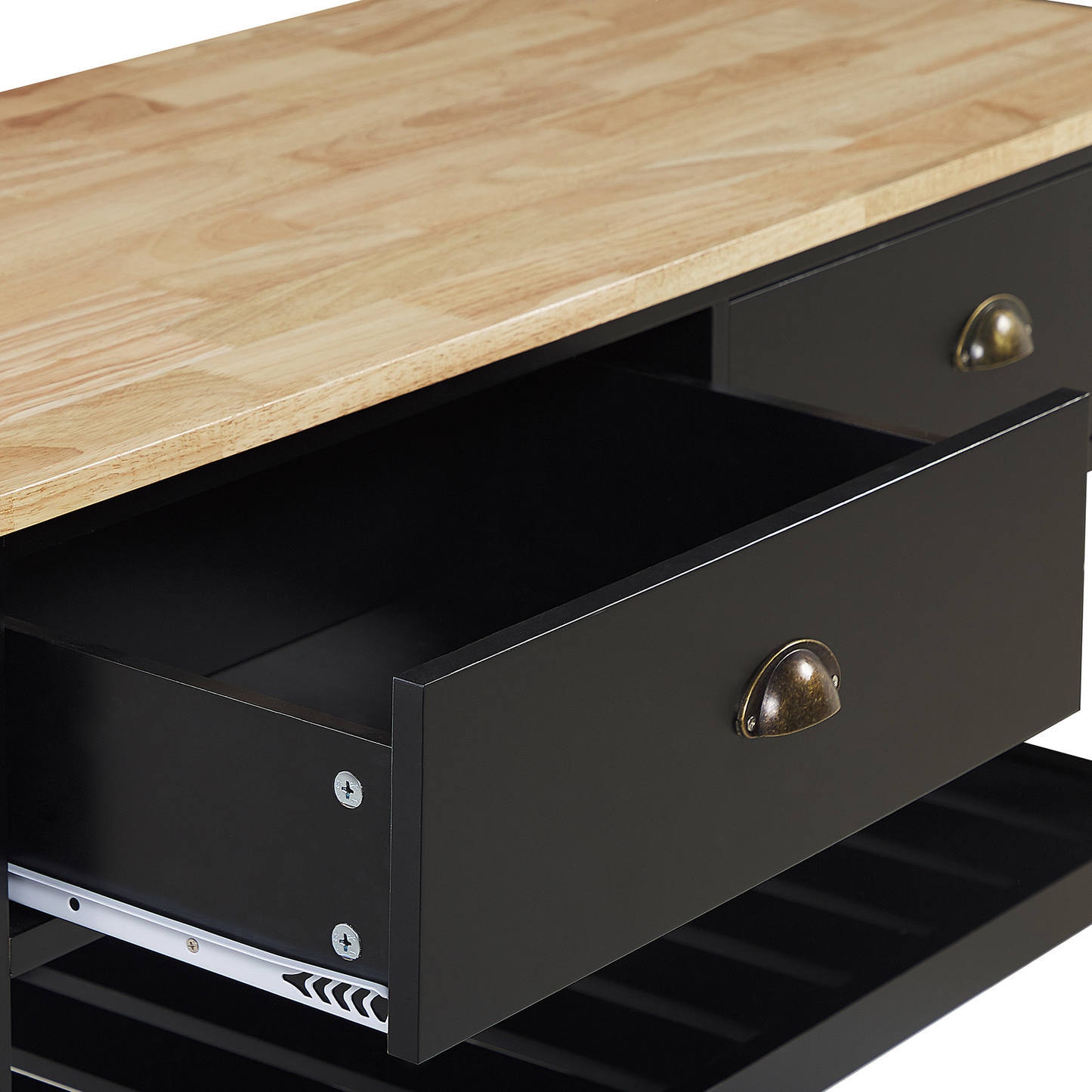 Nordic Home Trolley Black Light Wood Top 2 Shelves 2 Drawers