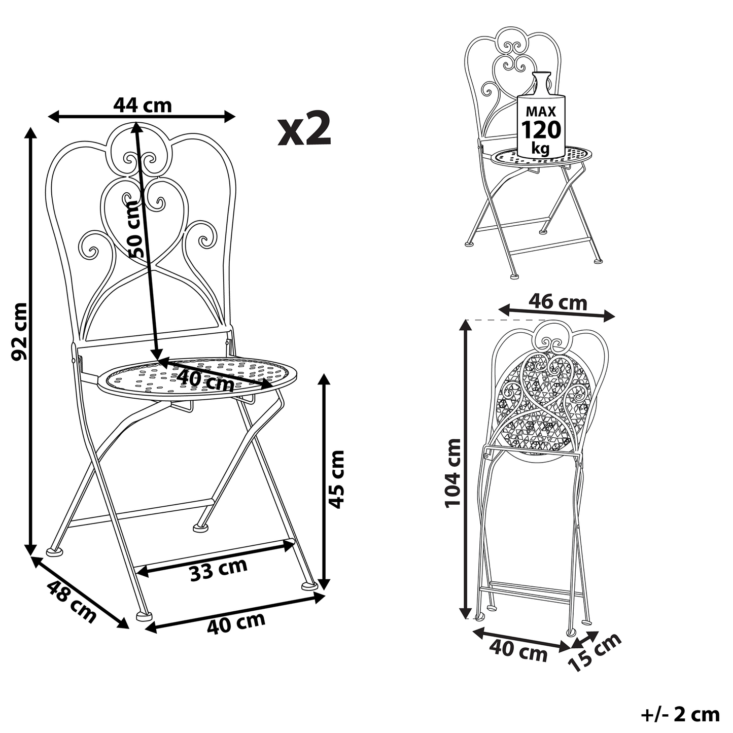 Set of 2 Garden Bistro Chairs Beige Metal Shabby Chic