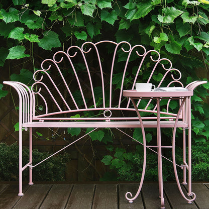 Pink Metal 2 Seater Bench Set Table Flared Armrests