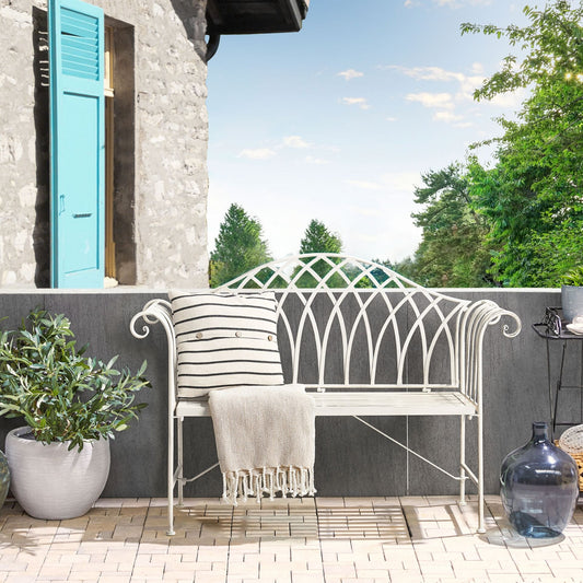 Garden White Metal 2 Seater Bench 130cm Flared Armrests
