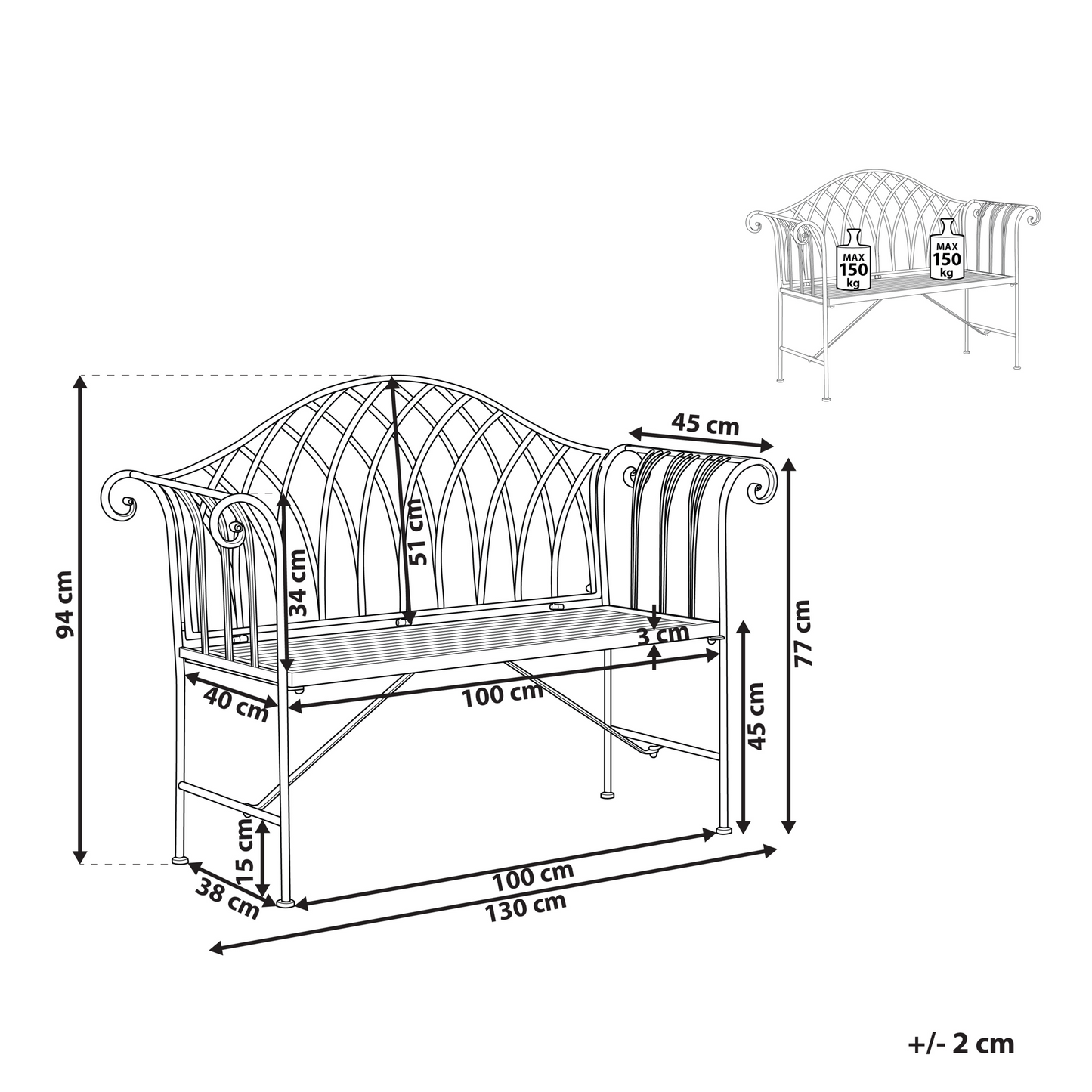 Garden White Metal 2 Seater Bench 130cm Flared Armrests