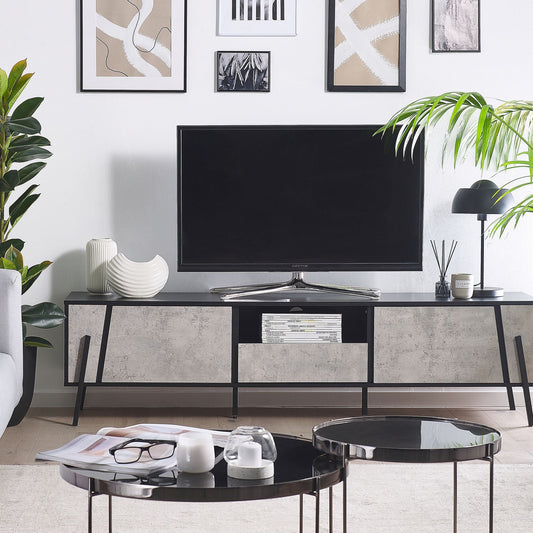 Industrial TV Stand Up To 75 Inch TV, Concrete Look Finish With Black Metal Legs, 1 Drawer 2 Cabinets