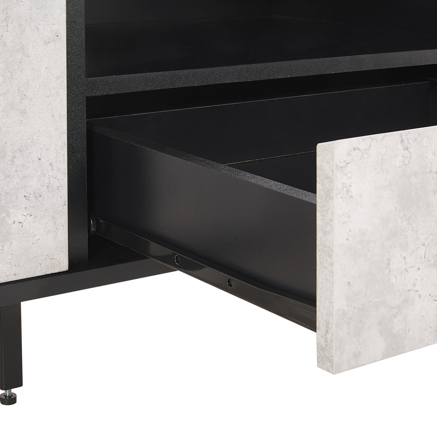 Industrial TV Stand Up To 75 Inch TV, Concrete Look Finish With Black Metal Legs, 1 Drawer 2 Cabinets