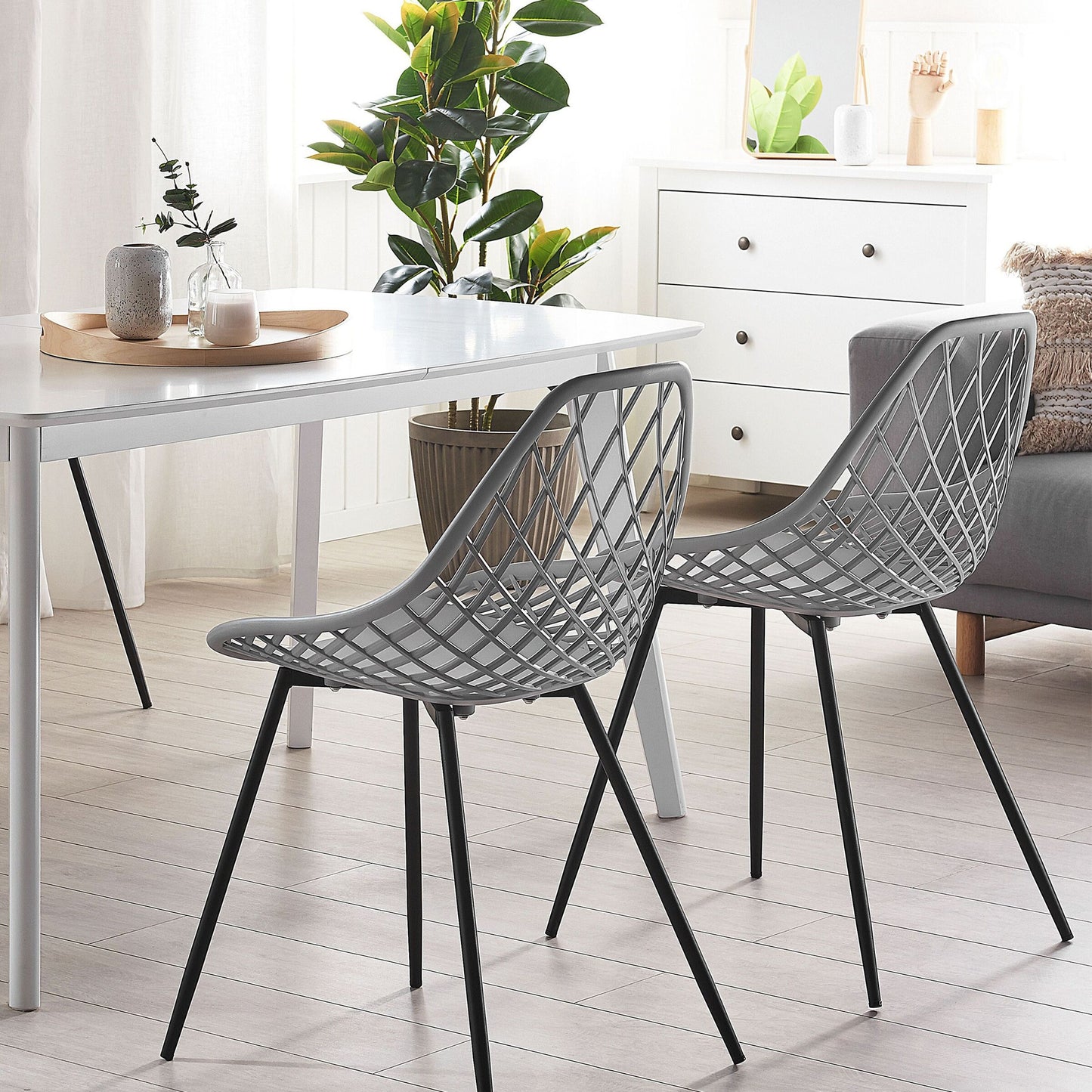 Set Of 2 Dining Chairs Grey Net Back Black Legs