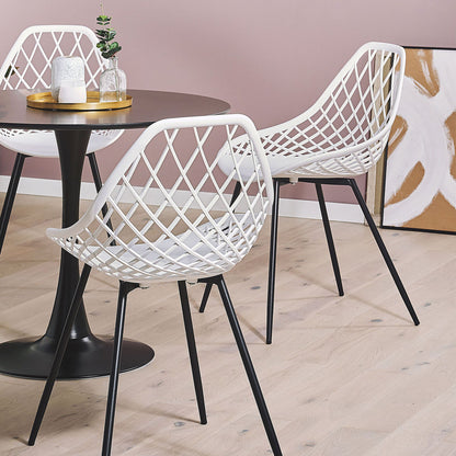 Nordic Luxe Set Of 2 White Synthetic Dining Chairs With Black Metal Legs Net Back Modern Scandinavian