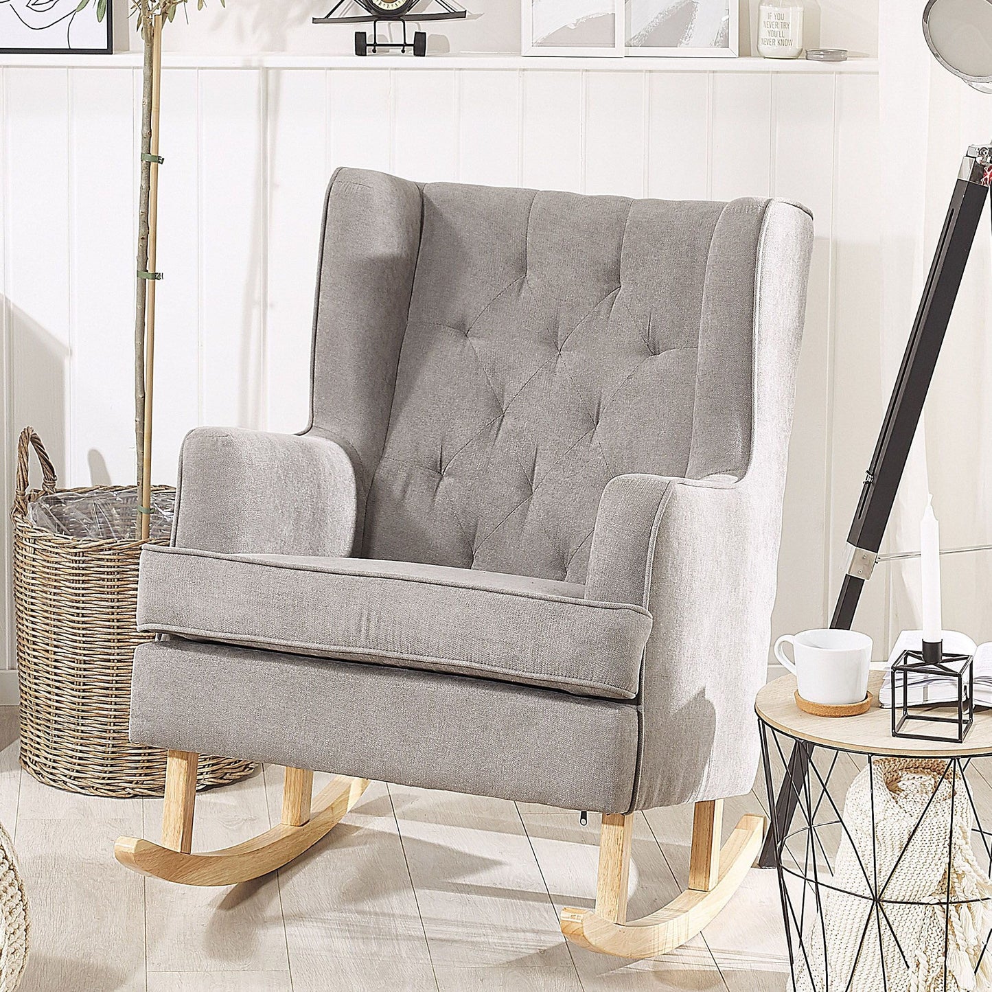 Living Rocking Chair Light Grey Fabric Solid Wood Skates Classic