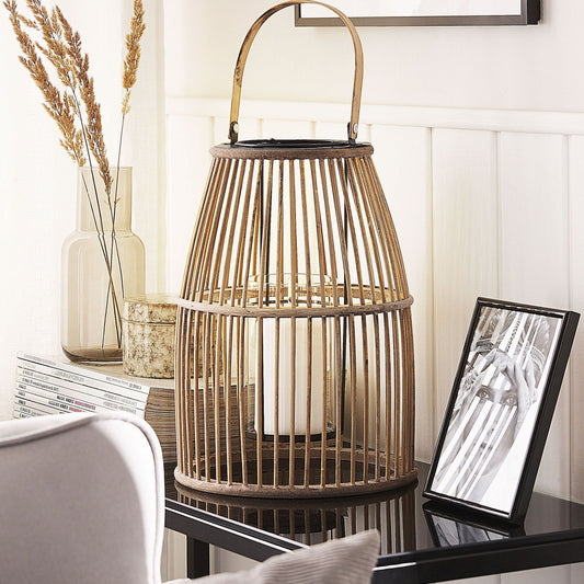 Beige Bamboo Lantern 32cm Glass Holder Boho Indoor Outdoor