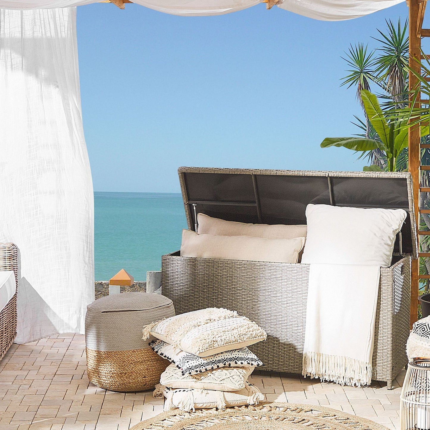 Outdoor Storage Box Beige Faux Rattan 126 x 46cm