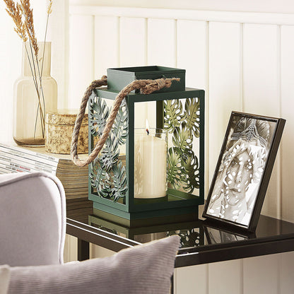 Lantern Green Metal 25cm Glass Candle Holder Monstera