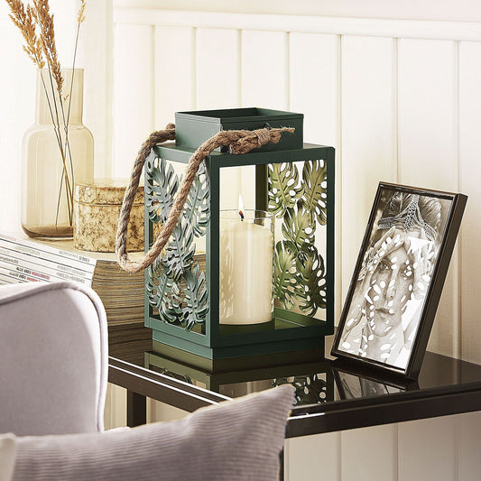 Lantern Green Metal 25cm Glass Candle Holder Monstera