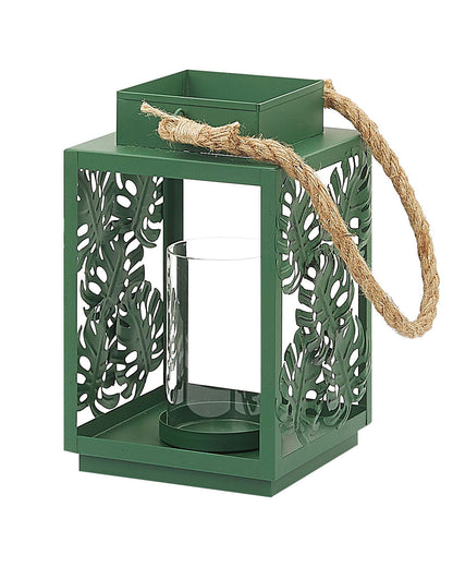 Lantern Green Metal 25cm Glass Candle Holder Monstera
