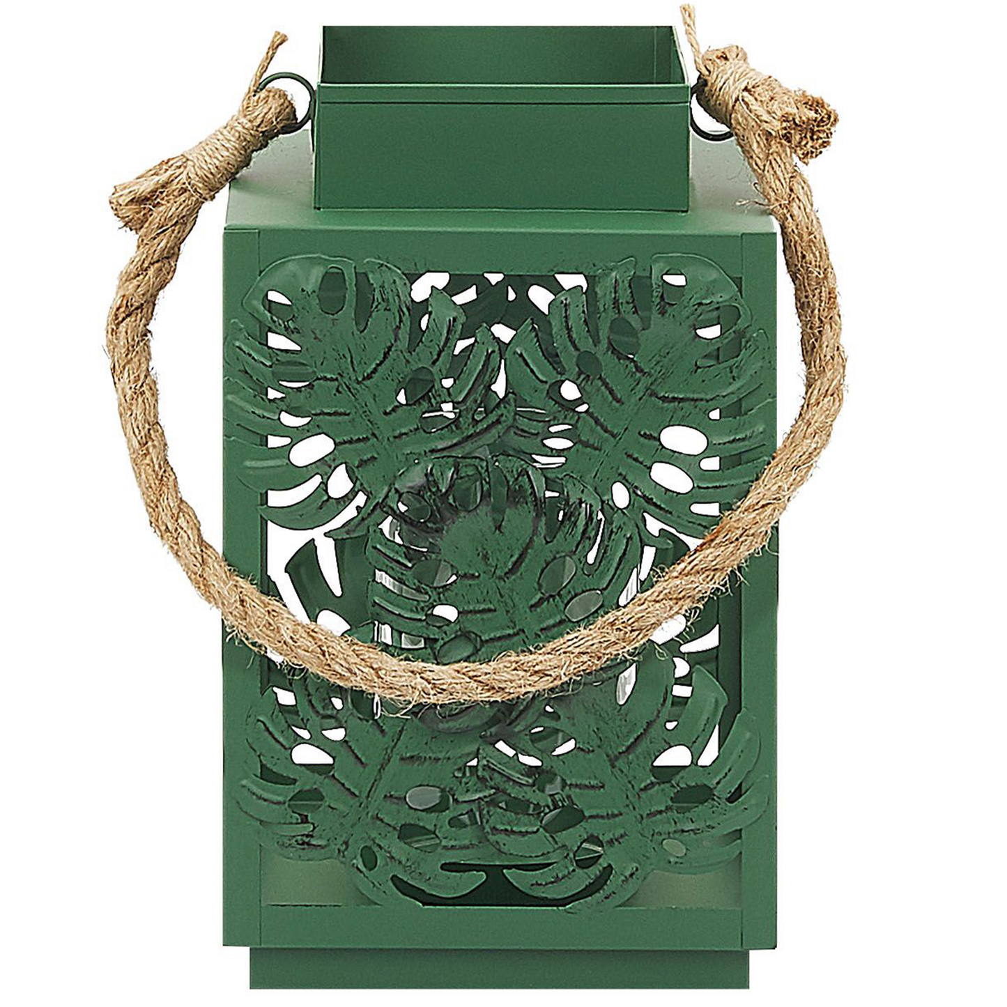 Lantern Green Metal 25cm Glass Candle Holder Monstera