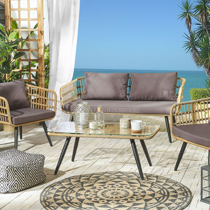 4 Seater Beige Faux Rattan Sofa Set With Grey Cushions And Tempered Glass Coffee Table