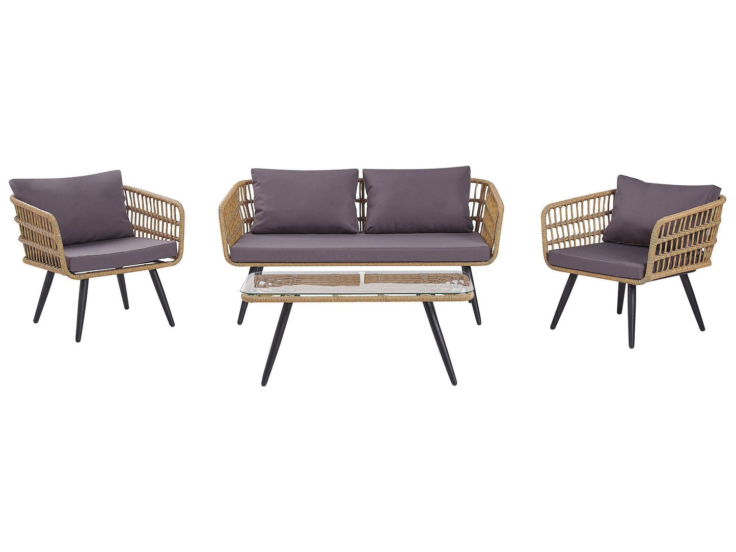 4 Seater Beige Faux Rattan Sofa Set With Grey Cushions And Tempered Glass Coffee Table