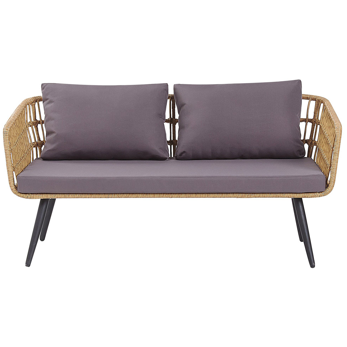 4 Seater Beige Faux Rattan Sofa Set With Grey Cushions And Tempered Glass Coffee Table