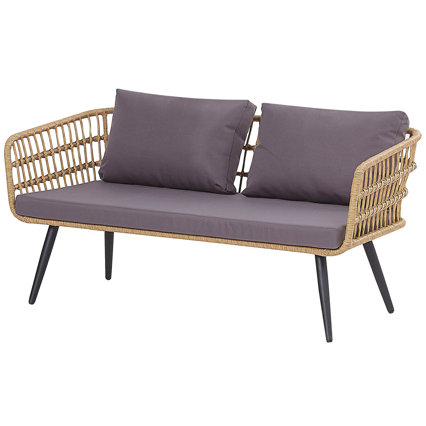 4 Seater Beige Faux Rattan Sofa Set With Grey Cushions And Tempered Glass Coffee Table