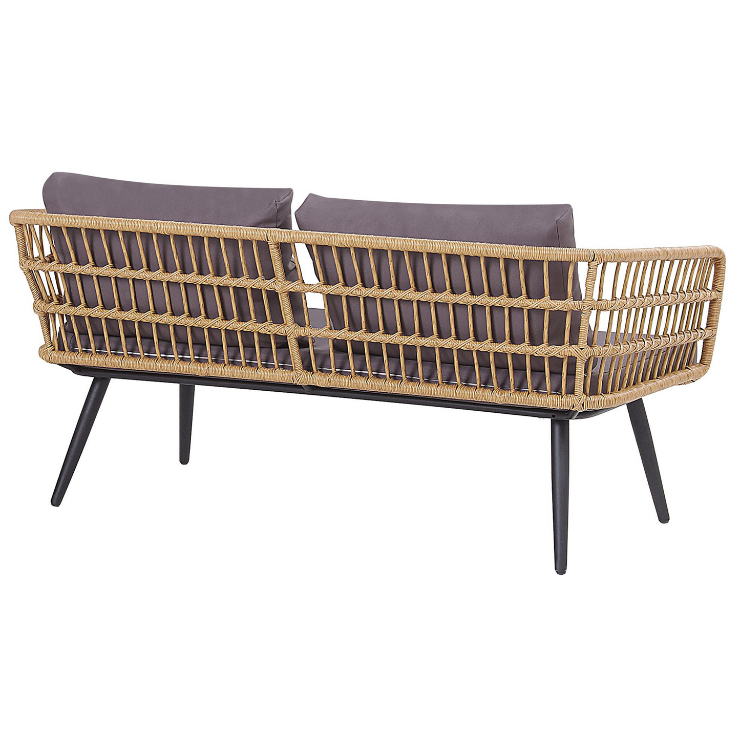 4 Seater Beige Faux Rattan Sofa Set With Grey Cushions And Tempered Glass Coffee Table