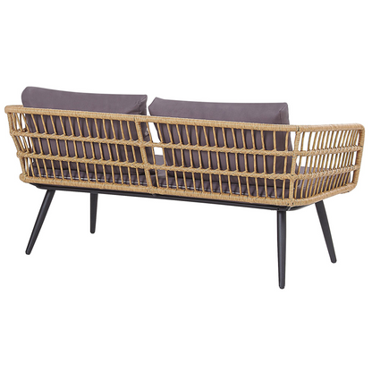 4 Seater Beige Faux Rattan Sofa Set With Grey Cushions And Tempered Glass Coffee Table