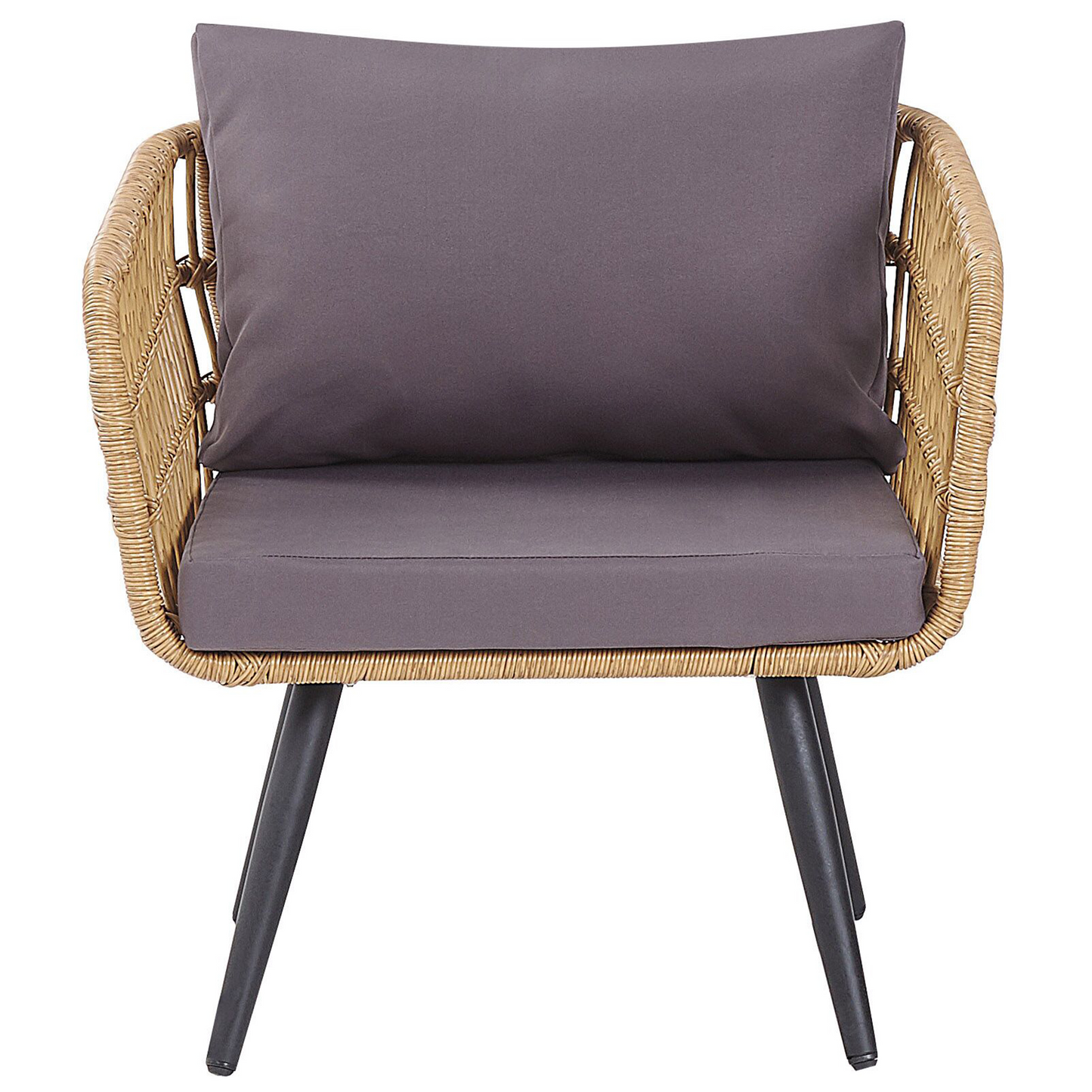 4 Seater Beige Faux Rattan Sofa Set With Grey Cushions And Tempered Glass Coffee Table