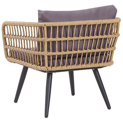 4 Seater Beige Faux Rattan Sofa Set With Grey Cushions And Tempered Glass Coffee Table