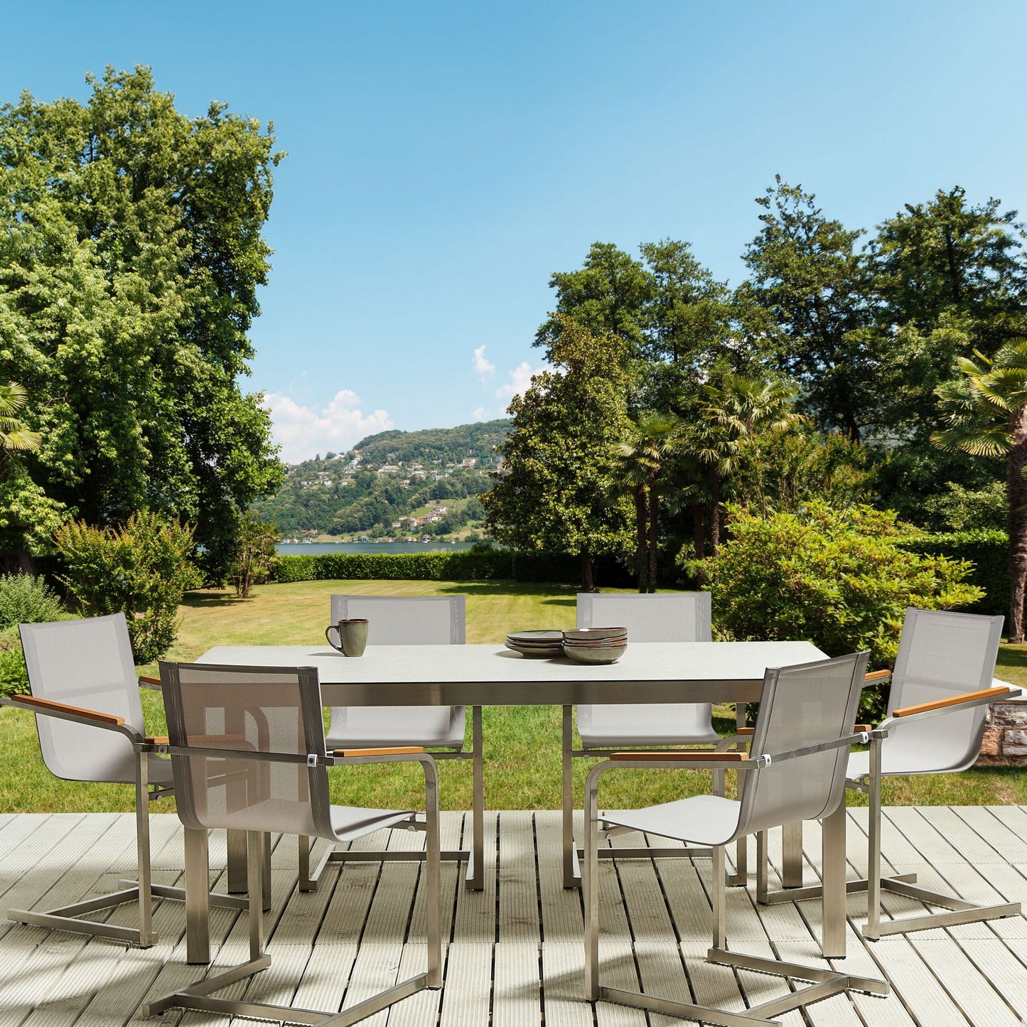 Garden Chair Set Of 6 Beige Cantilever With Stainless Steel Frame