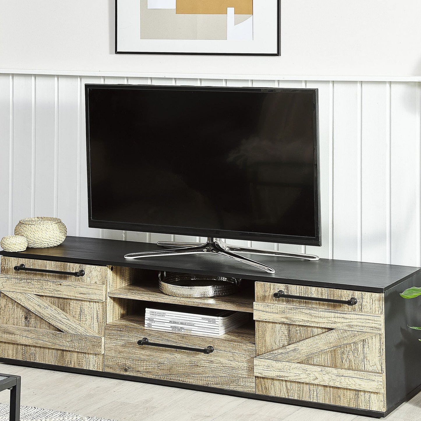 TV Stand Barn Style 43cm Light Brown and Black Particle Board with Cabinet and Drawer