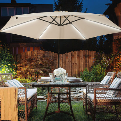 Cantilever Garden Parasol With LED Lights Beige Polyester Shade 285cm Aluminium Crank Outdoor Umbrella