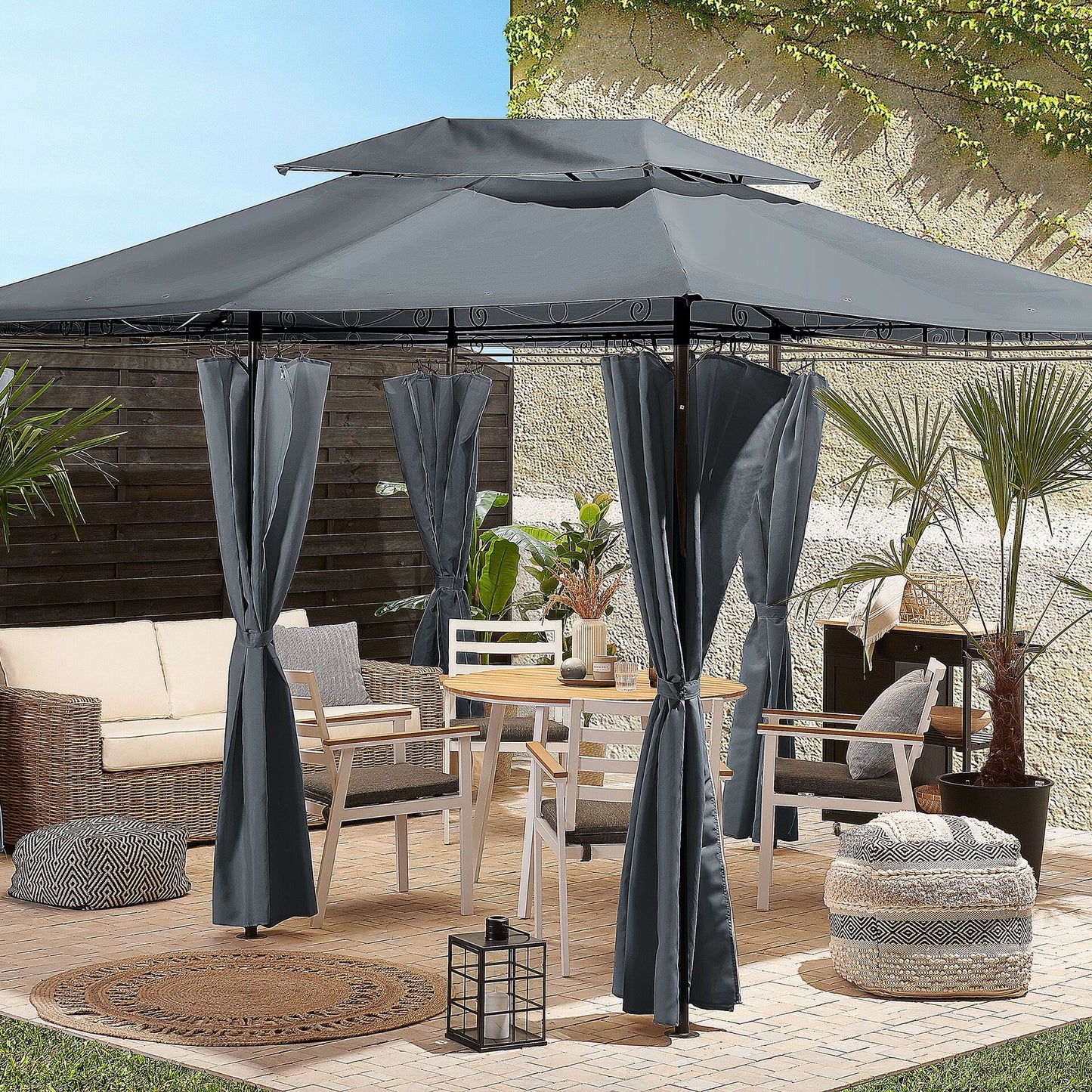 Gazebo Dark Grey Curtains Black Steel Frame 300 X 400cm Outdoor Shelter
