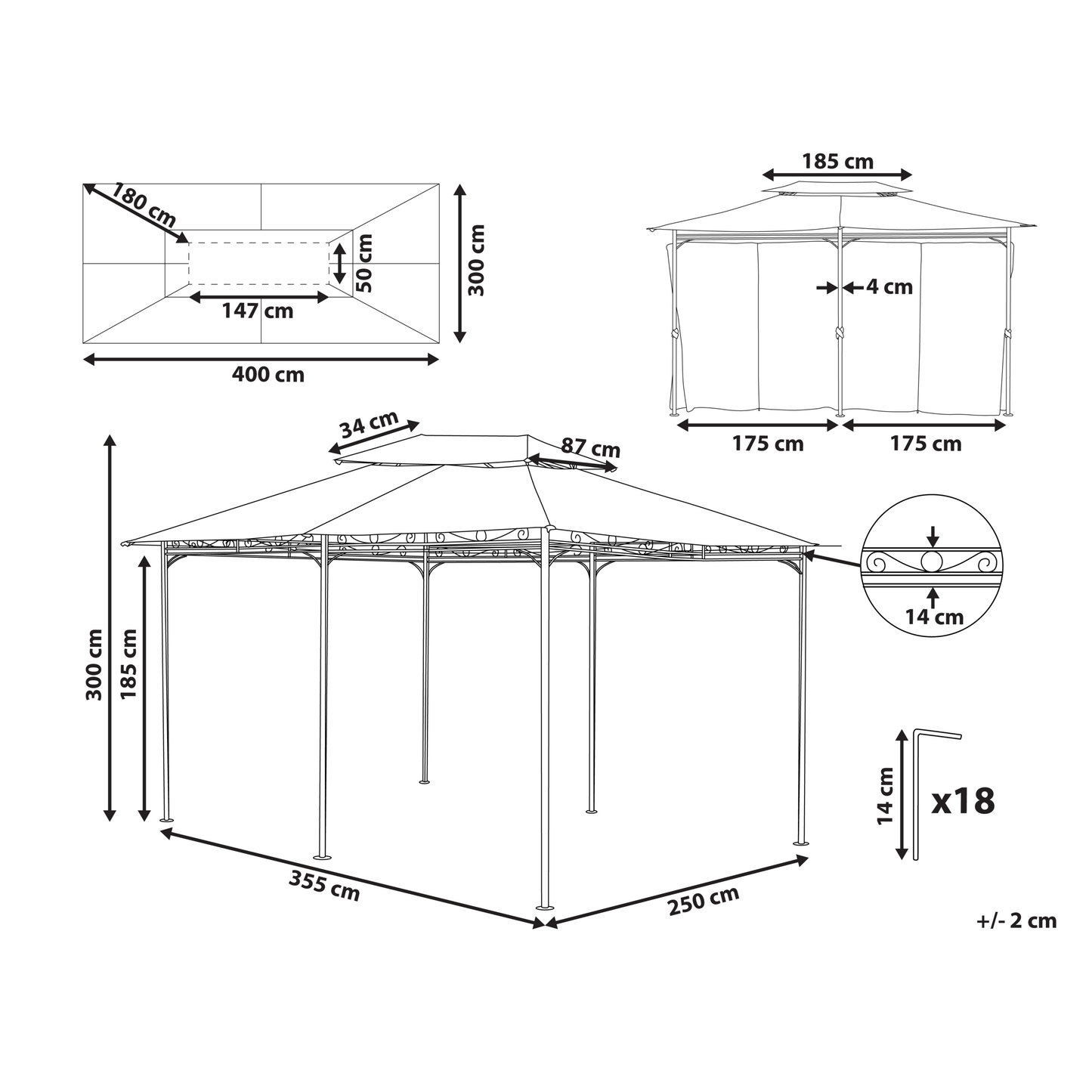 Gazebo Dark Grey Curtains Black Steel Frame 300 X 400cm Outdoor Shelter
