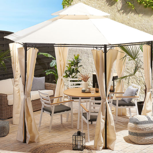 Garden Gazebo With Beige Polyester Curtains Black Metal Frame UV Resistant