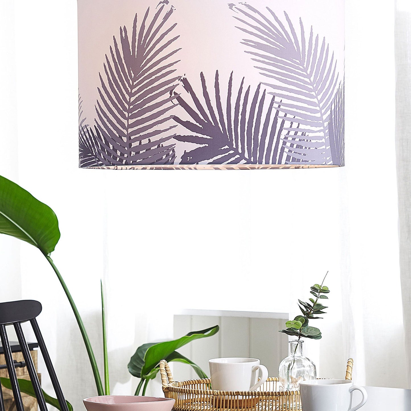 Pendant Lamp White Grey Fabric Drum Shade Leaf Pattern 1 Light