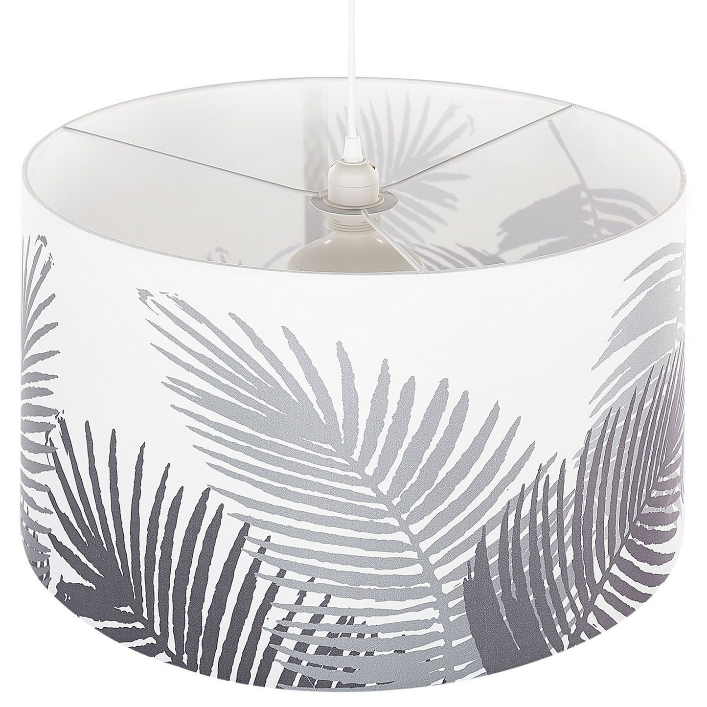 Pendant Lamp White Grey Fabric Drum Shade Leaf Pattern 1 Light