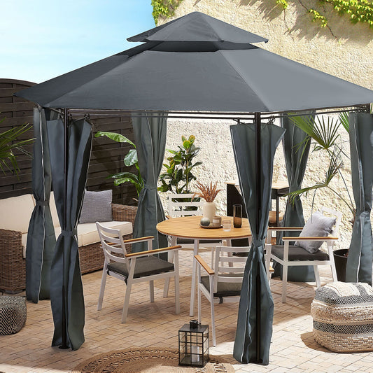 Garden Gazebo Dark Grey Polyester Curtains Black Metal Frame UV Resistant