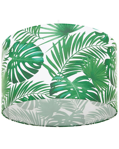 Pendant Lamp White Green Fabric Drum Shade With Leaf Pattern 1 Light Ceiling Fixture