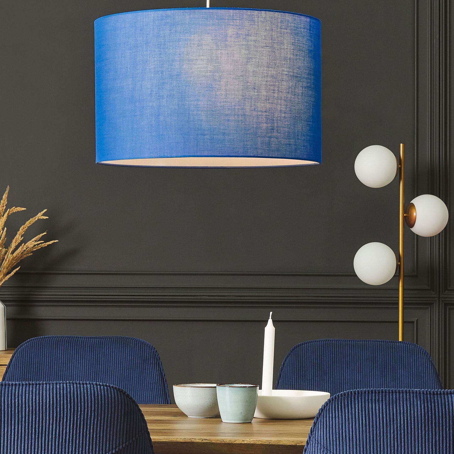 Pendant Lamp With Blue Fabric Drum Shade 1 Light Ceiling Fixture Diffuses Cozy Light