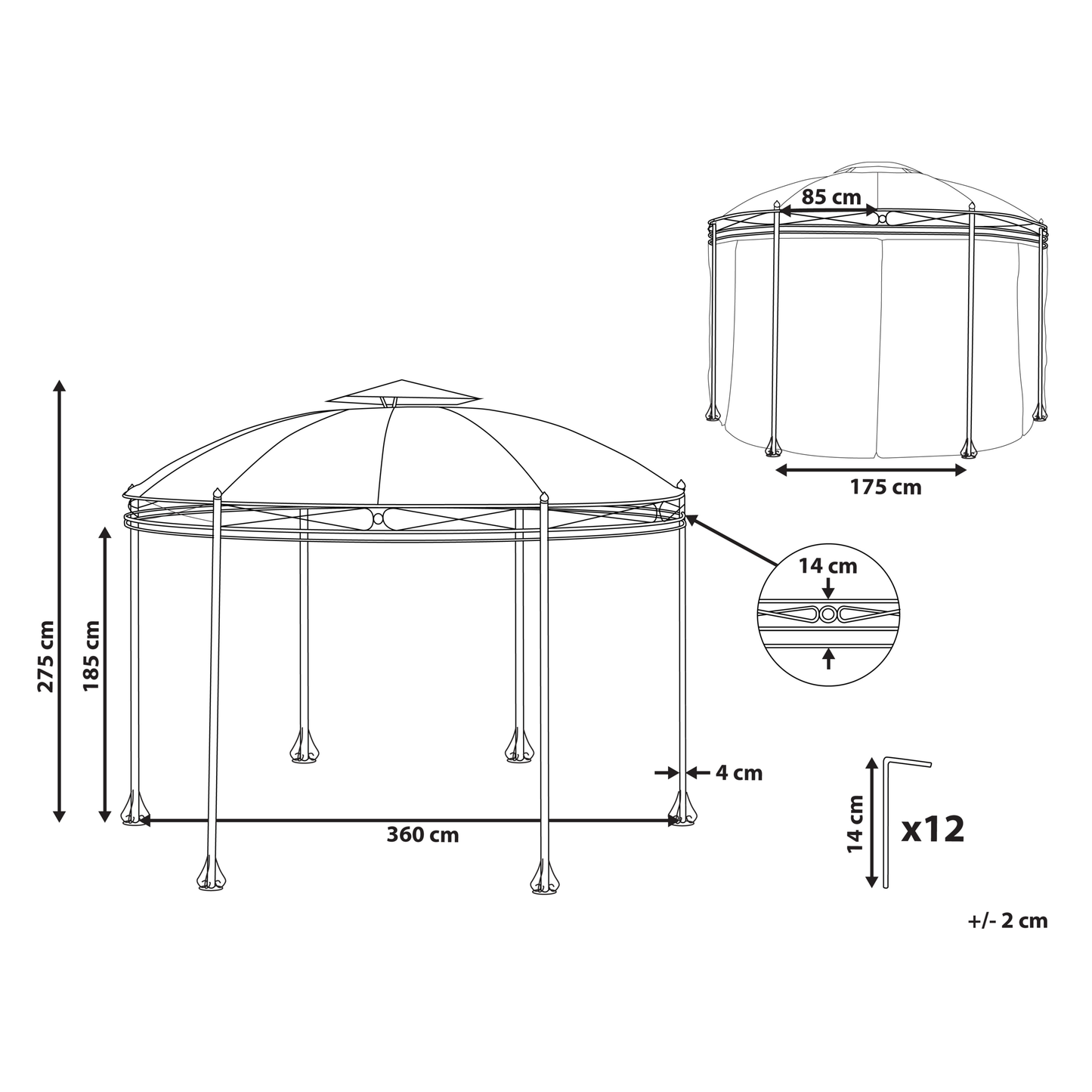 Gazebo Dark Grey Fabric Black Steel Frame 368cm Curtains