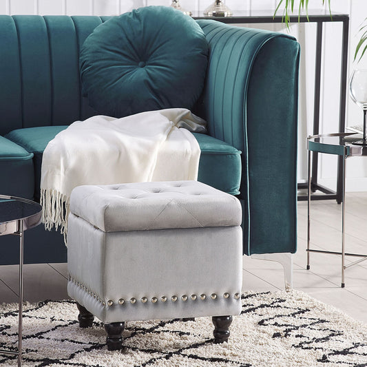 Velvet Footstool Button Tufted Light Grey Nailhead Trim