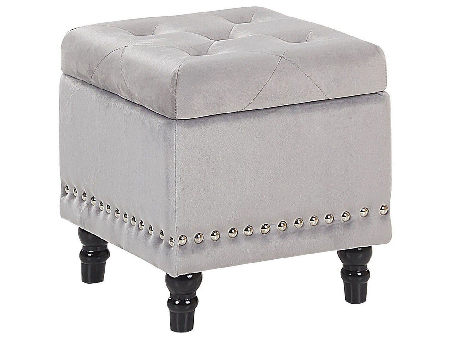 Velvet Footstool Button Tufted Light Grey Nailhead Trim