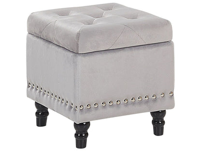 Velvet Footstool Button Tufted Light Grey Nailhead Trim