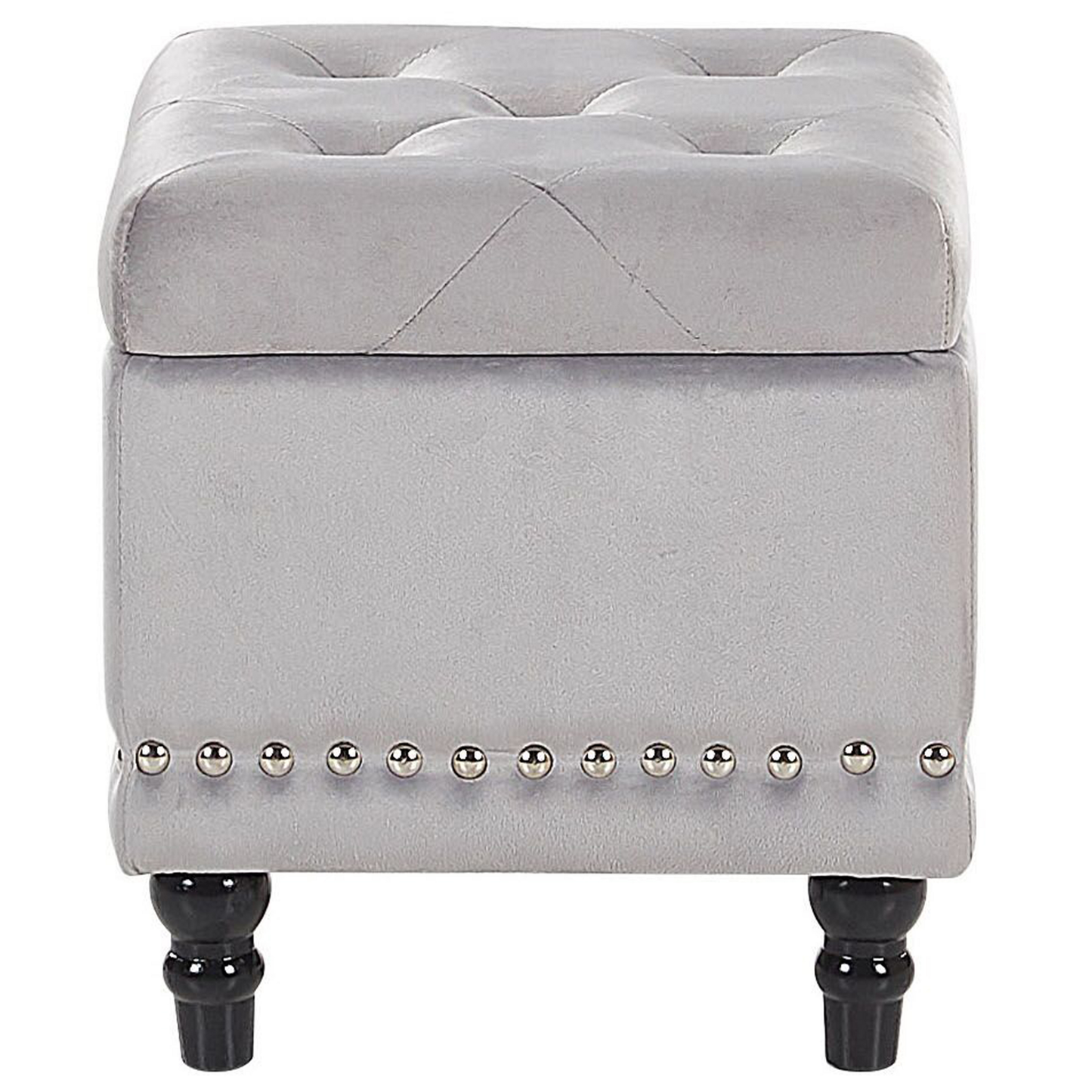 Velvet Footstool Button Tufted Light Grey Nailhead Trim